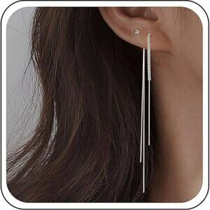 Long Dropping Silver Tassel Chain Rhinestones Drop Earrings Set Fashion Statemen